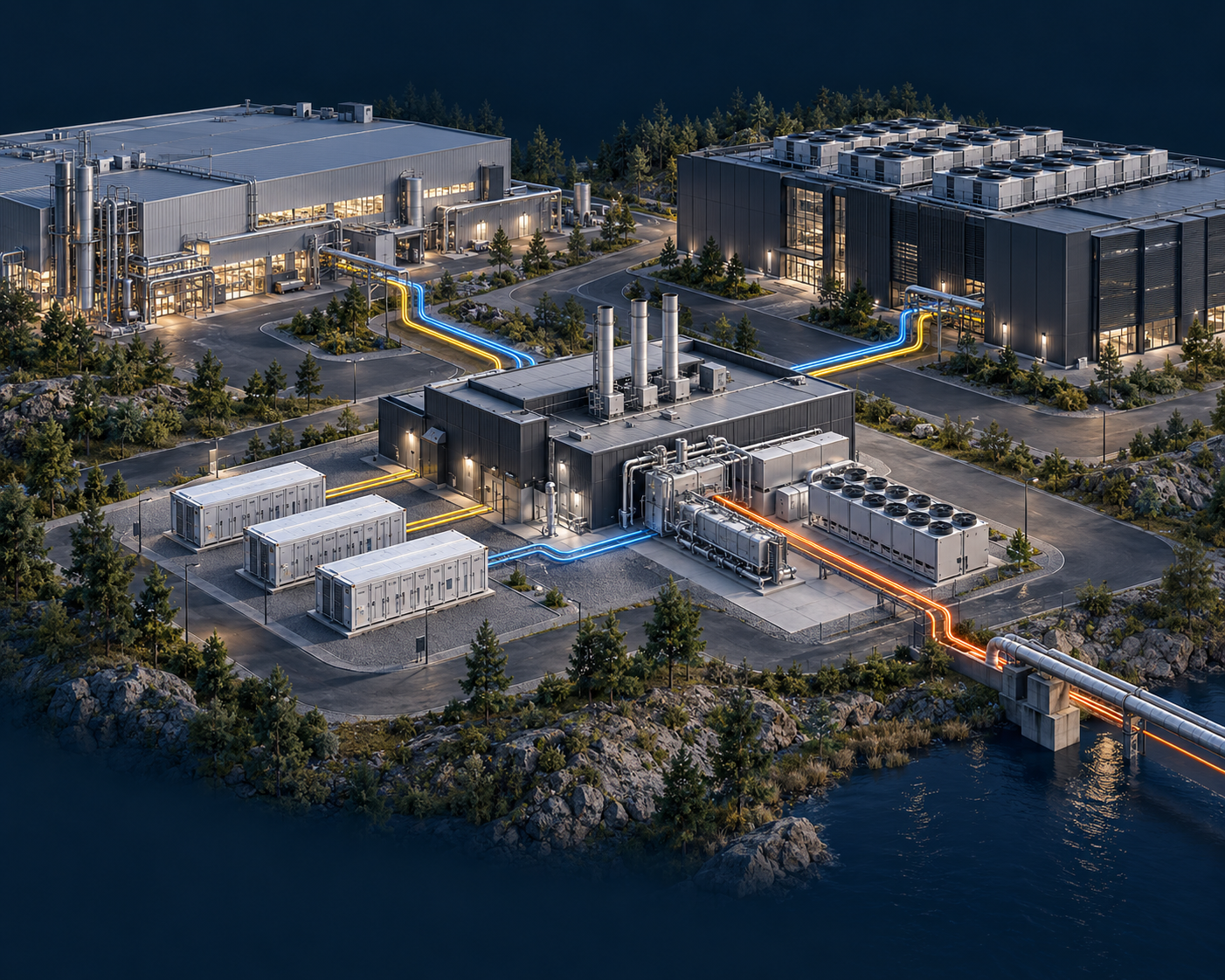 Havainnollistava kuva modulaarisesta energialaitoksesta, joka yhdistää teollisuuslaitoksen ja datakeskuksen energiavarastoihin ja jäähdytykseen; ei toteutettu asiakasreferenssi.